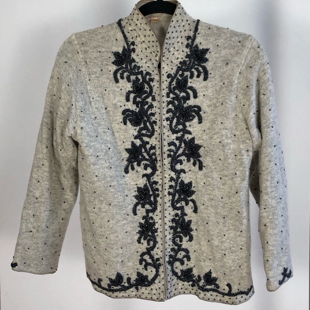 1950s  Medium Vintage Grey Wool Beaded Cardigan Sweater